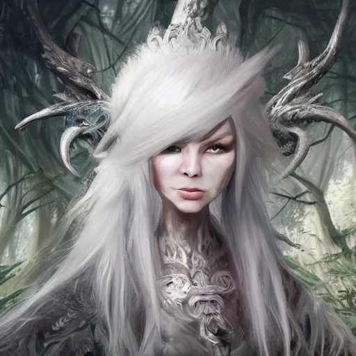 Prompt: a highly detailed portrait of a cute fantasy creature with white hair in a fantasy forest concept art