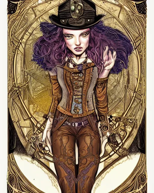 Prompt: a detailed portrait illustration of a steampunk wizard. beautiful female. art nouveau, pop art, comic book style. influenced by neil gaiman, h. p. lovecraft, dan mumford, brian froud, vadim voitekhovitch, killian eng.