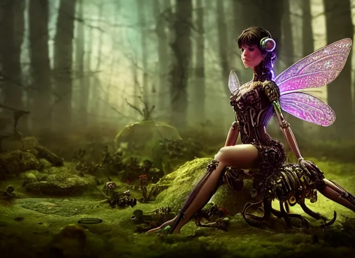 Image similar to 12mm intricate mechanical fairy with visible gears and electronics and optic Fibres sitting on top of a mushroom in a magical forest. Very detailed 8k. Fantasy cyberpunk horror. Sharp. Cinematic post-processing