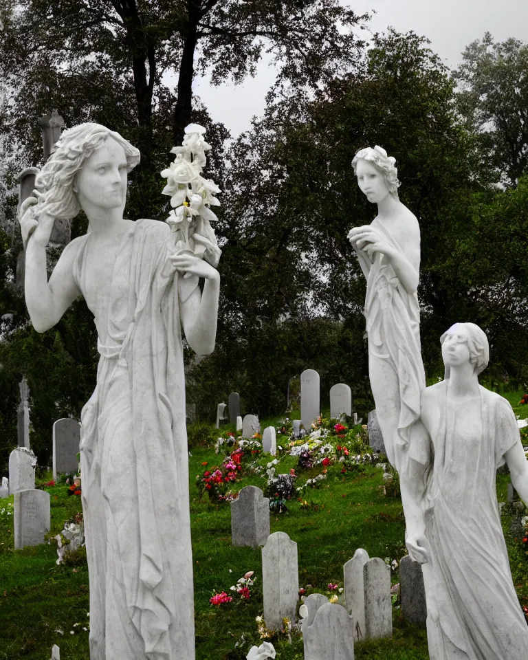 Prompt: an idealistic marble gothic cemetery statue, made of flowers, made of mist, full frame