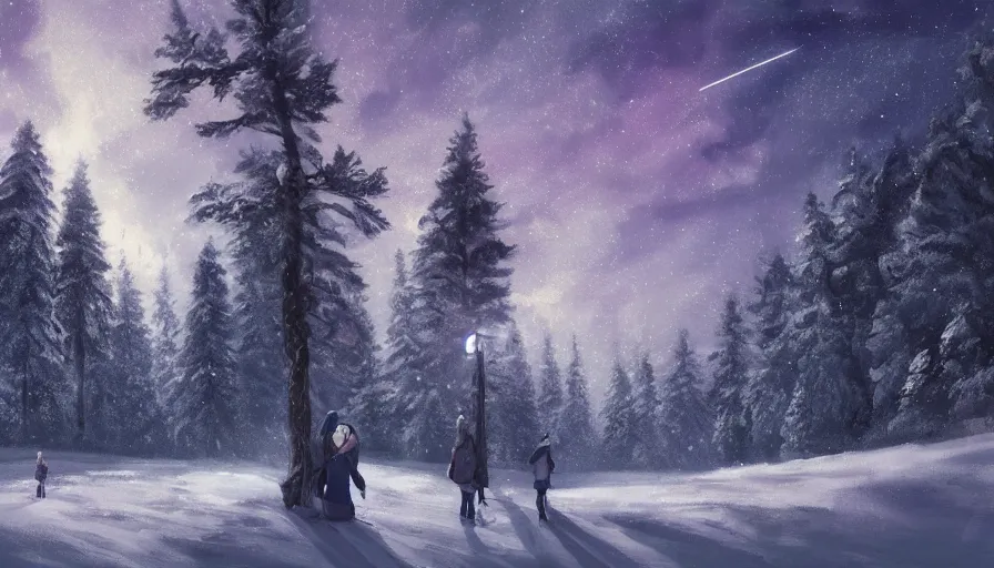 Image similar to Digital painting of two women admiring the landscape of a snowy forest with stars in the sky, a shooting star and villages in the distance, hyperdetailed, artstation, cgsociety, 8k