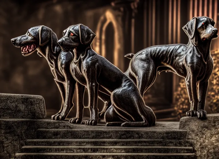 Image similar to photo of a real life photorealistic cerberus hound guarding the gates to the underworld. fantasy horror style. highly detailed 8 k. intricate. lifelike. soft light. nikon d 8 5 0 5 5 mm. dof. cinematic post - processing.
