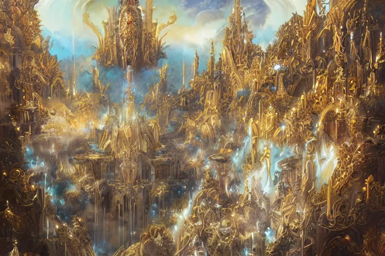 Prompt: heavenly world with giant epic gates and gold titan kingdom castle made of luxurious designs and gold and white high - end structures depicted by james jean, michaelangelo, vincent di fate, peter mohrbacher, award winning painting, holy, divine, beautiful