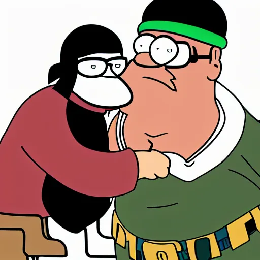 Image similar to peter griffin kissing osama bin laden, detailed faces, highly detailed, family guy style cartoon