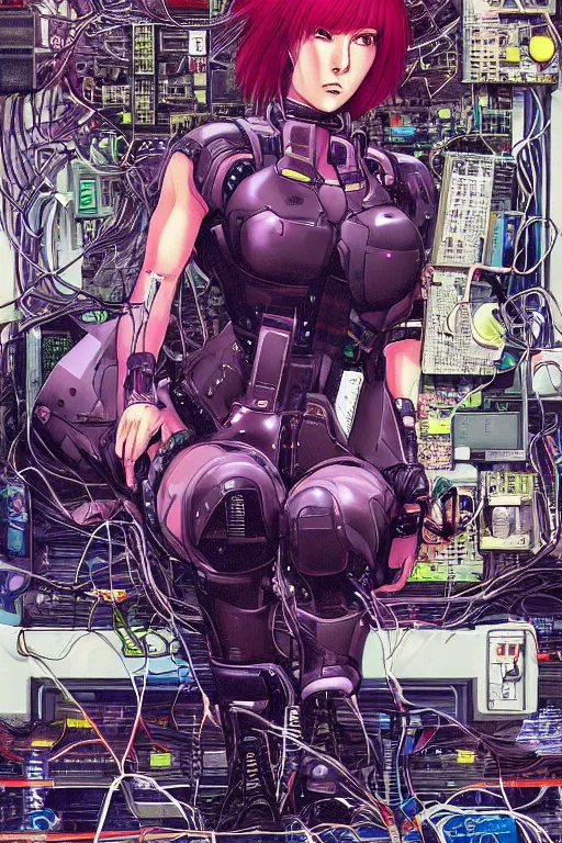 Prompt: hypedetailed cyberpunk illustration of motoko kusanagi seated on her knees in a tech lab, with messy wires and cables coming out of her head and back, by masamune shirow and katsuhiro otomo, colorful, complex, centered, wide angle, back view