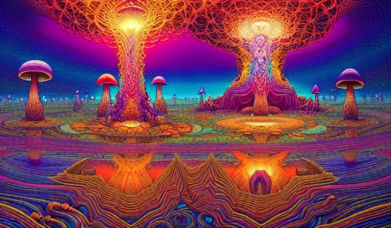 Image similar to an expansive octane redshift rendering of beautiful and complex interwoven spiritual connection between all beings by dan mumford, by jim fitzpatrick, by joe wilson, by jim burns, by victo ngai, by jacek yerka, surrounded with colorful magic mushrooms and rainbowcolored marihuana leaves, insanely integrate, featured on deviant art, trending on artstation