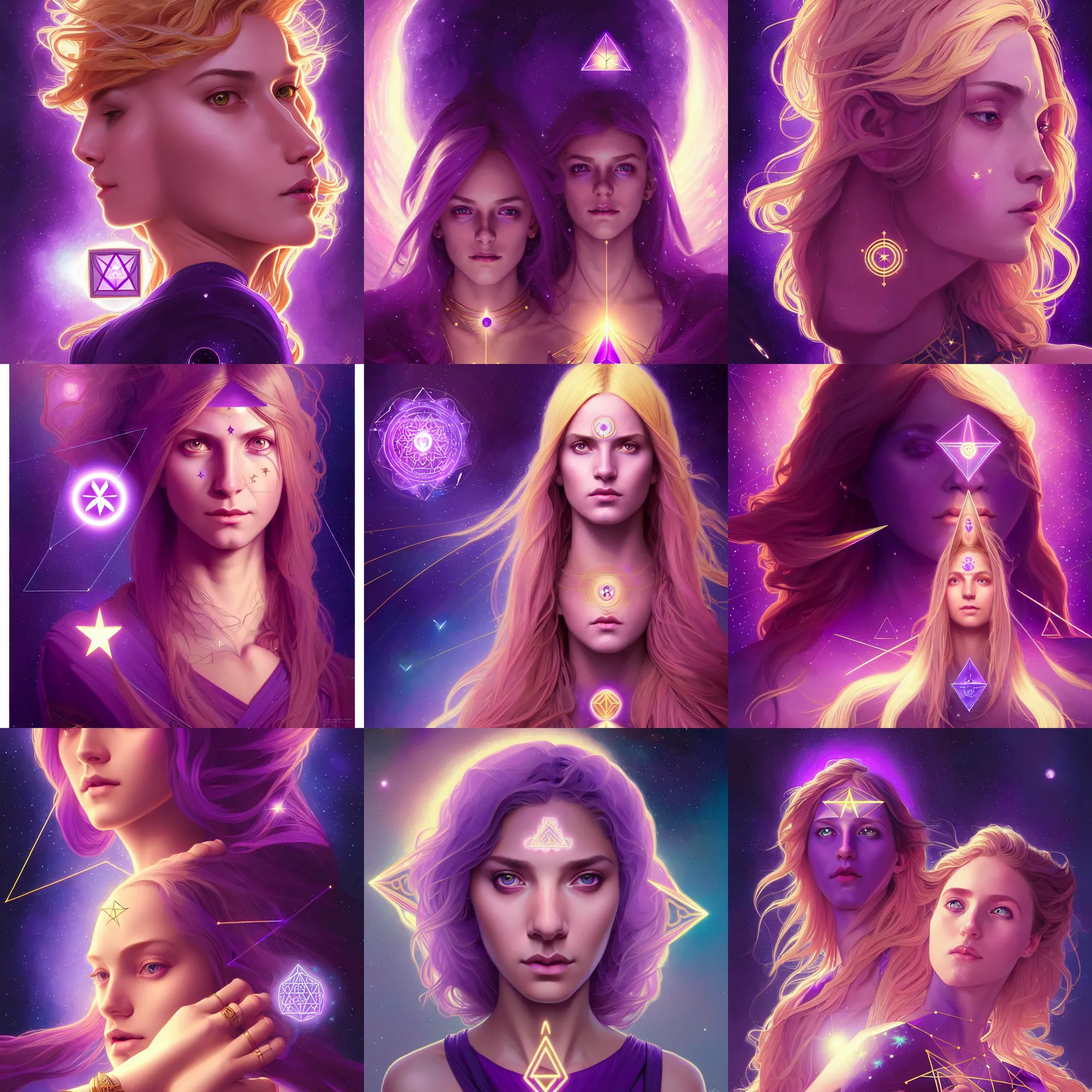 Prompt: portrait of a gallent girl with glowing purple third eye chakra and golden hair, geometric third eye triangle, sci - fi face, sacred geometric mandal background, breathtaking stars, elegant, highly detailed, digital painting, artstation, concept art, smooth, sharp focus, illustration, art by artgerm and greg rutkowski and alphonse mucha, psychedelic