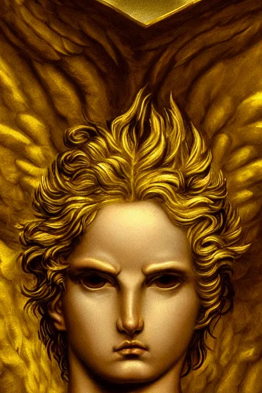 Image similar to fallen angel Lucifer, angry face, closeup, ultra detailed, made in gold, Guido Reni style