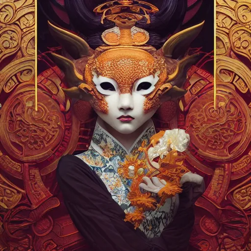 Image similar to a photorealistic dramatic fantasy render of a beautiful woman wearing a beautiful intricately detailed japanese komainu kitsune mask and clasical japanese kimono by wlop, artgerm, greg rutkowski, alphonse mucha, beautiful dynamic dramatic dark moody lighting, shadows, cinematic atmosphere, artstation, concept design art, octane render, 8 k