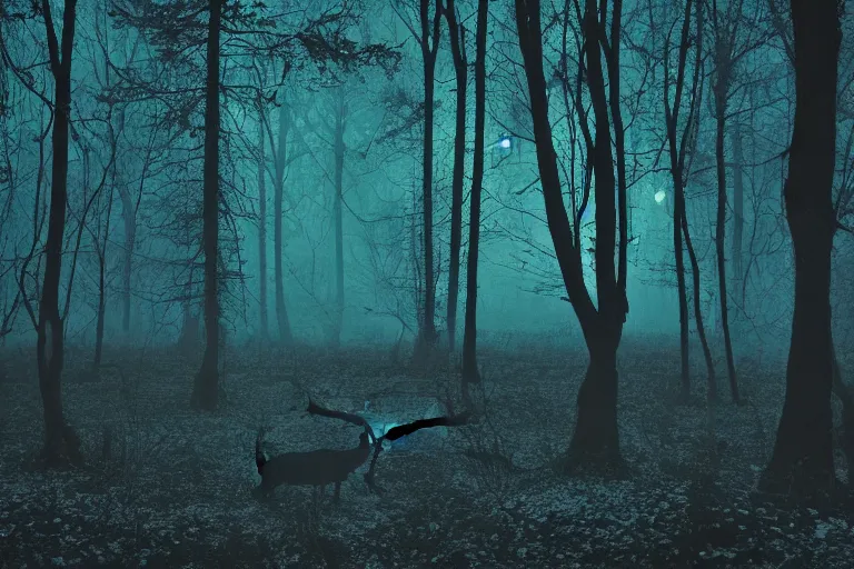 Image similar to a creepy dark forest illuminated by a bioluminescent stag, night