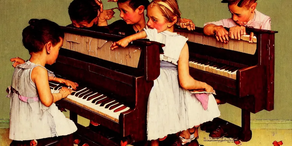 Prompt: Three children walk inside a piano by Norman Rockwell, hyper detailled, trending on artstation