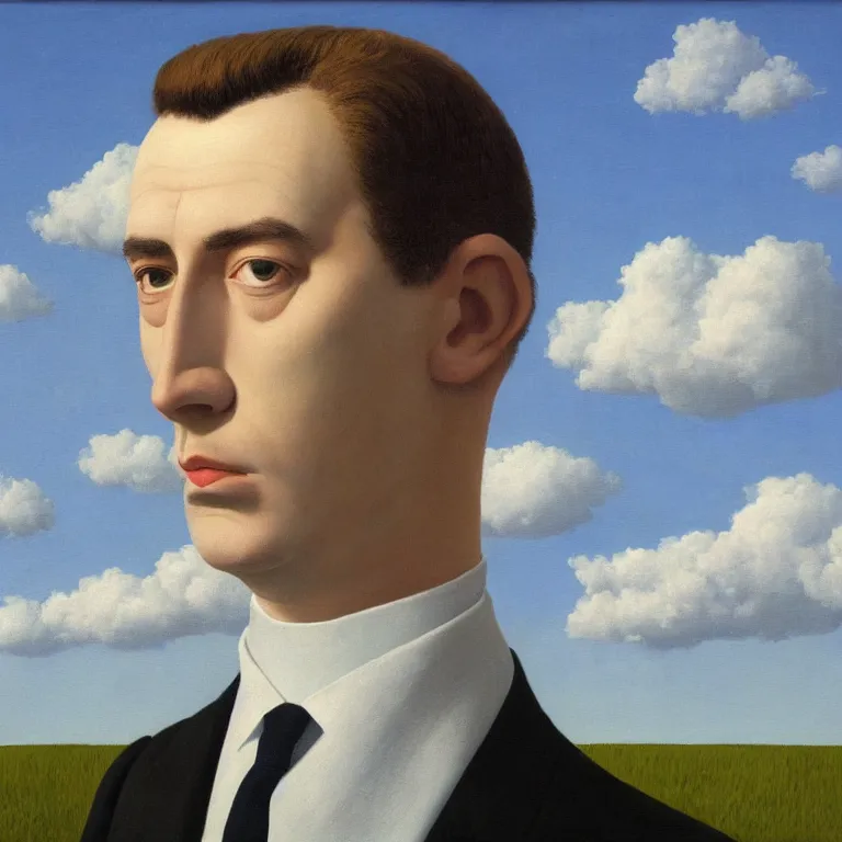 Prompt: portrait of a faceless white masked - head man in a suit, clouds and nature landscape in the background, by rene magritte, detailed painting, distance, centered, hd, hq, high resolution, high detail, 4 k, 8 k