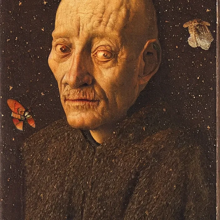 Image similar to close up portrait of a dying old man with moth. night with stars. jan van eyck