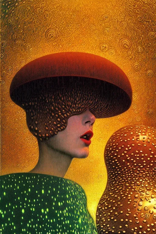 Image similar to 8 0 s art deco close up portait of mushroom head with big mouth surrounded by spheres, rain like a dream oil painting curvalinear clothing cinematic dramatic fluid lines otherworldly vaporwave interesting details epic composition by artgerm rutkowski moebius francis bacon gustav klimt