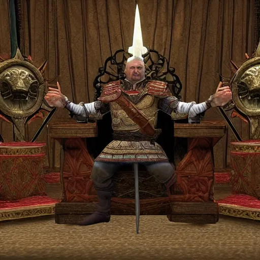 Prompt: Alexander Lukashenko as a Jarl of Belarus Hold in The Elder Scrolls V: Skyrim sitting on his throne in a slumped pose