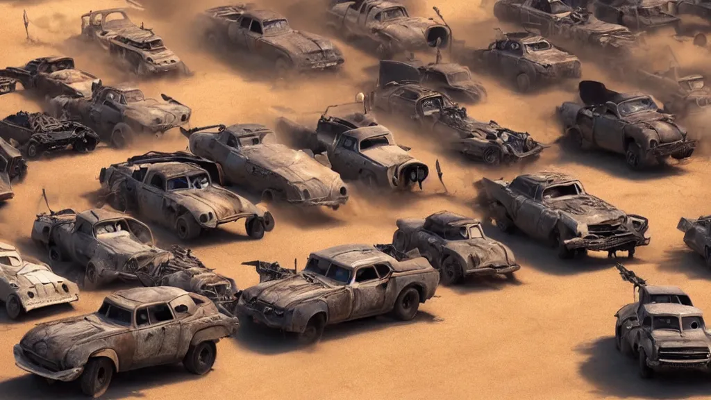 Image similar to pixar cars in mad max fury road, cartoon eyes, explosions, war boys, furiosa, imax