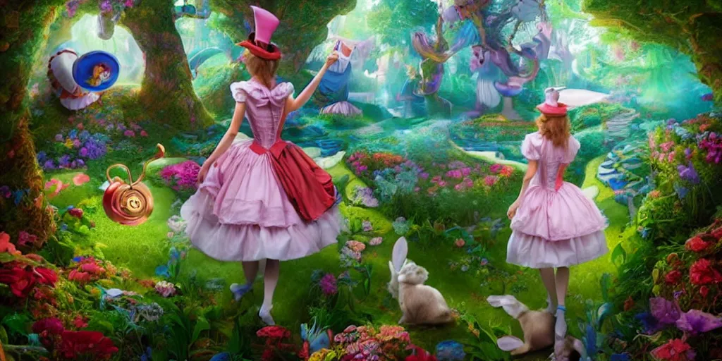 Prompt: Alice in Wonderland, falling down the rabbit hole, colorful, wide angle, super highly detailed, professional digital painting, artstation, concept art, smooth, sharp focus, no blur, no dof, extreme illustration, Unreal Engine 5, Photorealism, HD quality, 8k resolution, cinema 4d, 3D, beautiful, cinematic, art by artgerm and greg rutkowski and alphonse mucha and loish and WLOP