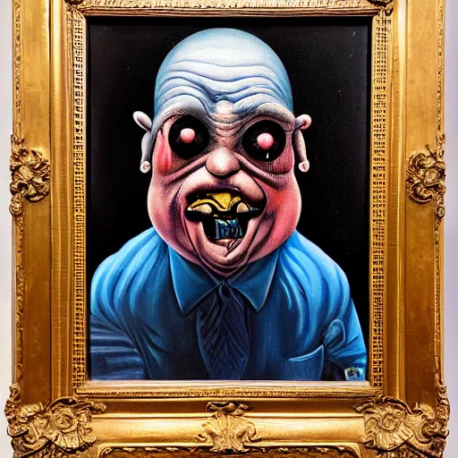 Image similar to Oil painting with black background by Christian Rex Van Minnen Robert Williams Todd Schorr of a portrait of an extremely bizarre disturbing mutated man with acne intense chiaroscuro lighting perfect composition