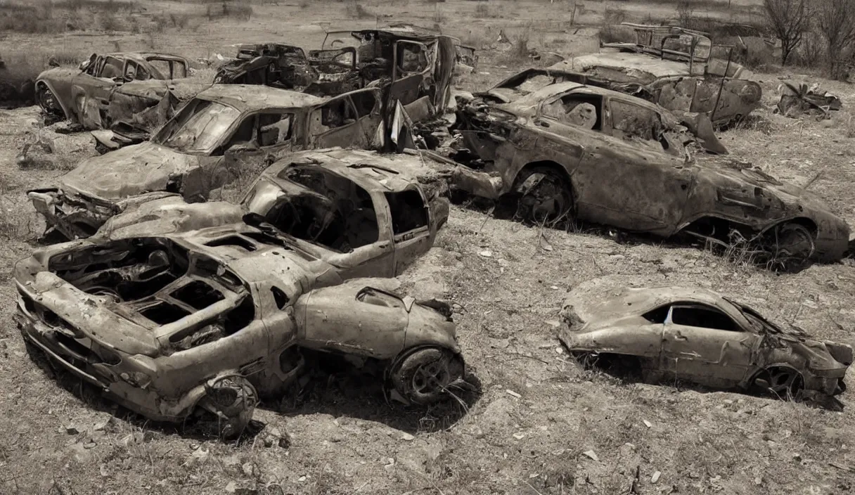 Image similar to a post apocalyptical car abandoned in a wasteland, max max style, low angle view