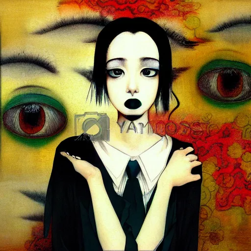 Image similar to yoshitaka amano blurred and dreamy realistic three quarter angle portrait of a young woman with black lipstick and black eyes wearing dress suit with tie, junji ito abstract patterns in the background, satoshi kon anime, noisy film grain effect, highly detailed, renaissance oil painting, weird portrait angle, blurred lost edges