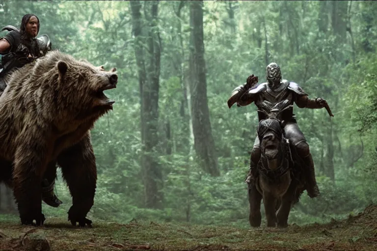 Prompt: vfx movie closeup detailed ancient armored warrior orc hunting riding large bear in the forest, natural lighting by emmanuel lubezki