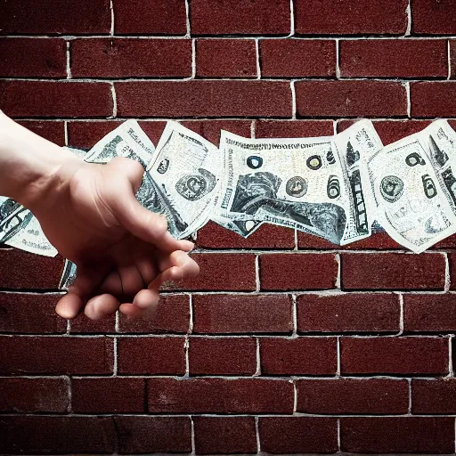 Prompt: a hand breaks a wall, and money comes out of the wall