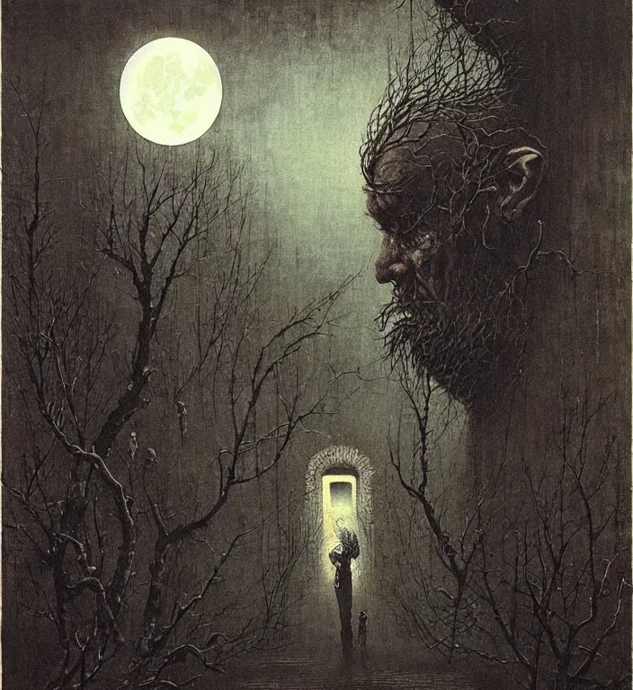 Prompt: old white - headed man under the huge moon on a street of ruined city by beksinski and takato yamamoto, very coherent, baroque elements, glitch