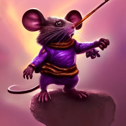 Image similar to mouse warrior reaching for a floating purple crystal with the other, Digital Oil Painting, trending on Artstation, highly detailed, 8k, UHD