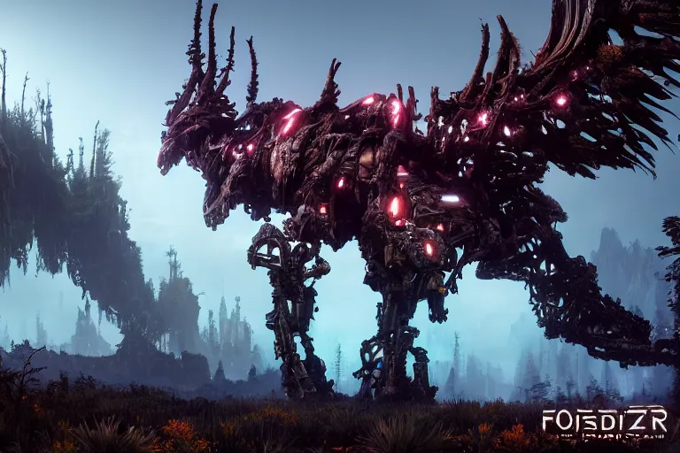 Image similar to wide epic shot from horizon forbidden west. a hyper detailed organic mechanic creatuve realistic similar look as horizon forbidden west horizon zero dawn, bioluminiscence in a dark deep forest at dawn in spring, with reflection and textures, by kilian eng, substance painter reaslitic mech surface metal painted scratches, world env from horizon forbidden west horizon zero dawn