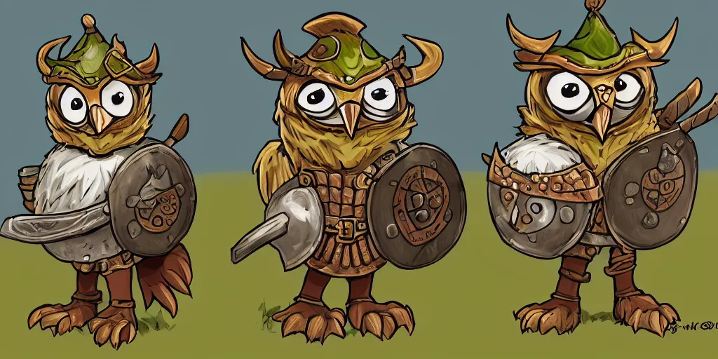 Prompt: An award winning cartoon of an anthropomorphic owl wearing a viking helmet and a green shirt with a shield on the side. Artstation Commission.