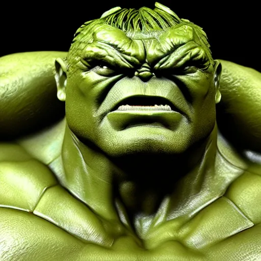 Prompt: The Hulk, a bronze sculpture by Guillermo del Toro, featured on deviantart, antipodeans, movie still, ultra detailed, shiny