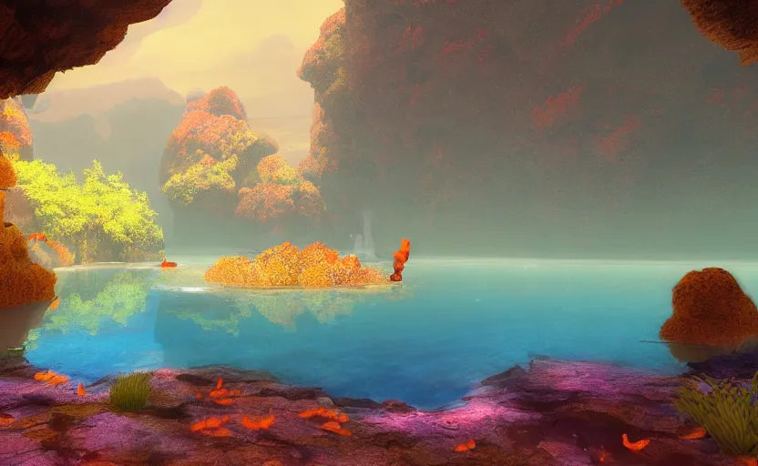 Image similar to a cave lake with some orange fish swimming inside, studio ghibli, pixar style, octane render, unreal engine 5, path traced, highly detailed, high quality, 8 k, soft lighting, godrays, complementary colors, natural lighting, water parallax, serene landscape, beautiful, elegant, digital painting