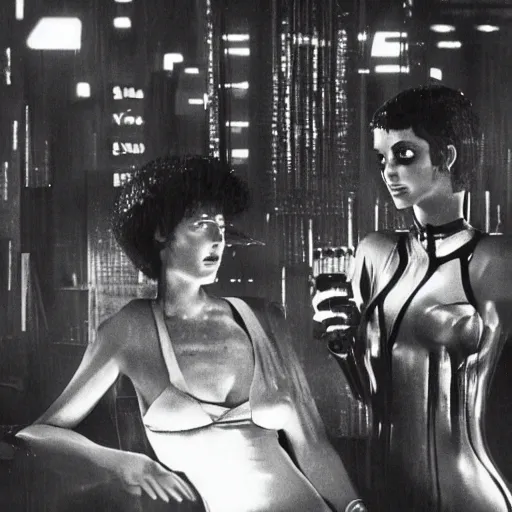 Image similar to 1 9 8 2 film stills of blade runner's rachel with beyonce, getting drinks at a futuristic bar. dark and atmospheric, touches of frank lloyd wright and syd mead,.