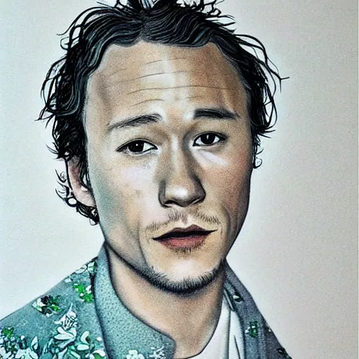 Image similar to “ heath ledger portrait by ikenaga yasunari and ayana otake and ko rakusui, 6 0 s poster, drawing, realistic, sharp focus, japanese, dreamy, nostalgia, faded, golden hues, floral clothes, porcelain skin ”