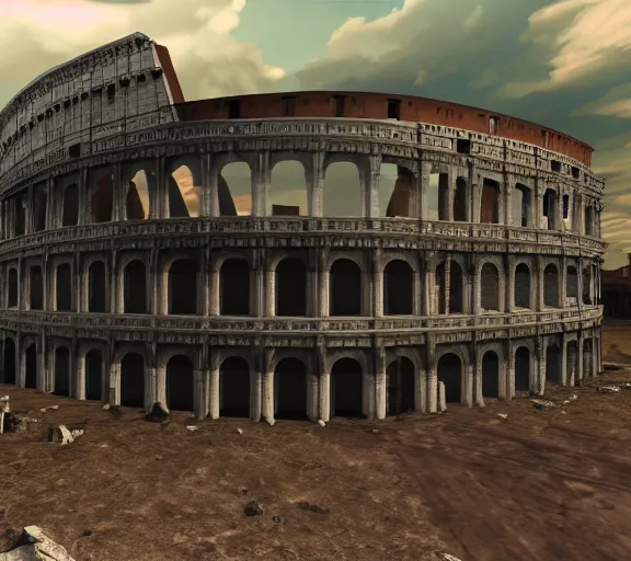 Prompt: Render of a reconstruction of Colosseum in Rome, screenshot from Fallout: New Vegas (2010)