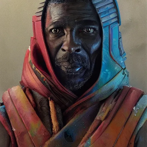 Prompt: a full body sci-fi portrait, oil painting, illustration of an old African Jedi, techwear, colourful, by Justin Sweet and Greg Rutkowski and Alphones Much