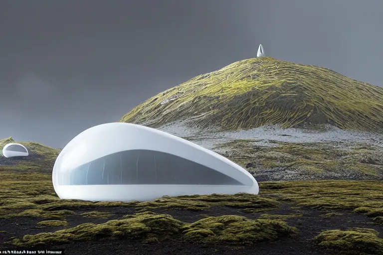 Image similar to several white future cyberpunk egg shaped buildings shine on a barren mossy mountain in iceland, and many wild animals, by hiroshi sugimoto and paul lehr and john schoenherr and john harris