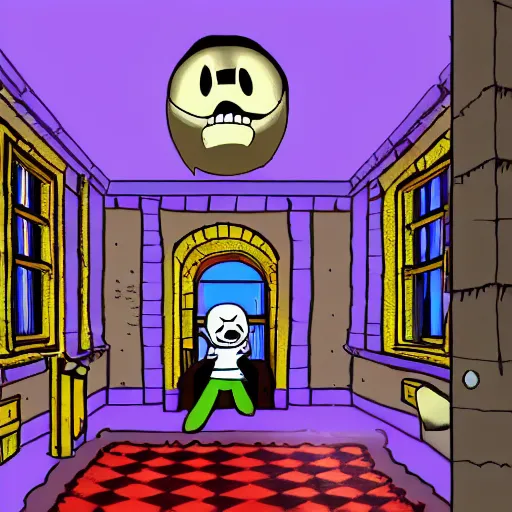 Image similar to sans from Undertale inside of his castle, interior view