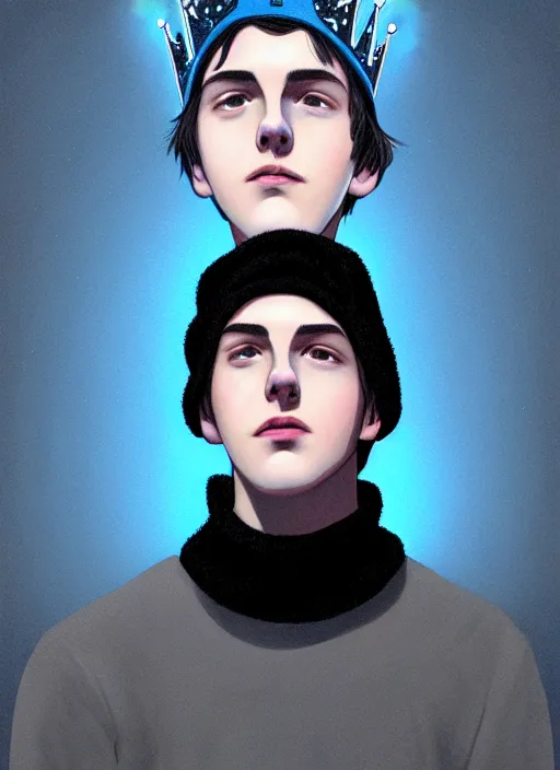 Image similar to portrait of teenage jughead jones wearing a light grey crown, crown, blue turtleneck, closed eyes, photorealistic, black hair, glowing lighting, intricate, elegant, glowing lights, highly detailed, digital painting, artstation, concept art, smooth, sharp focus, illustration, art by wlop, mars ravelo and greg rutkowski