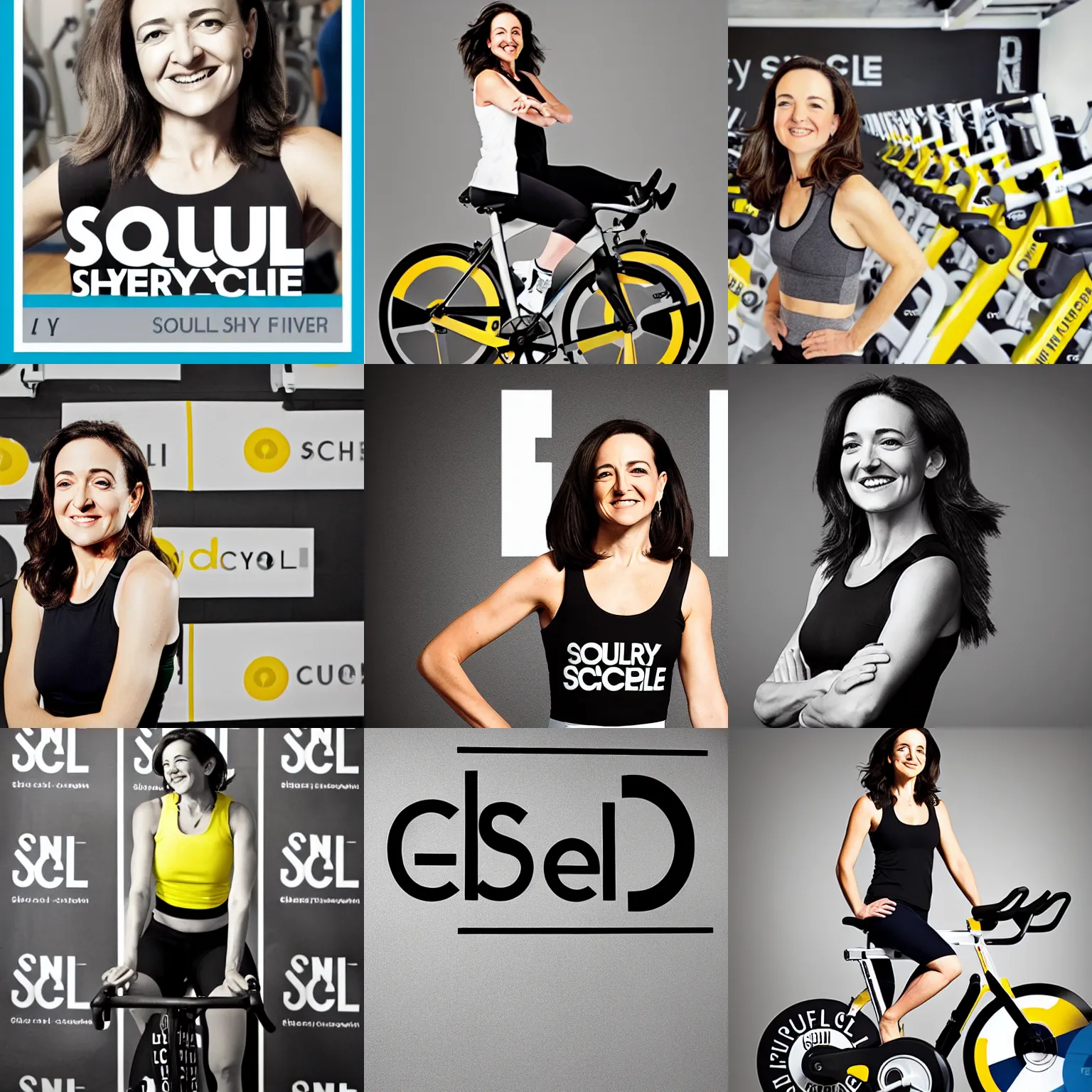 Prompt: Sheryl Sandberg SoulCycle Instructor, promotional poster