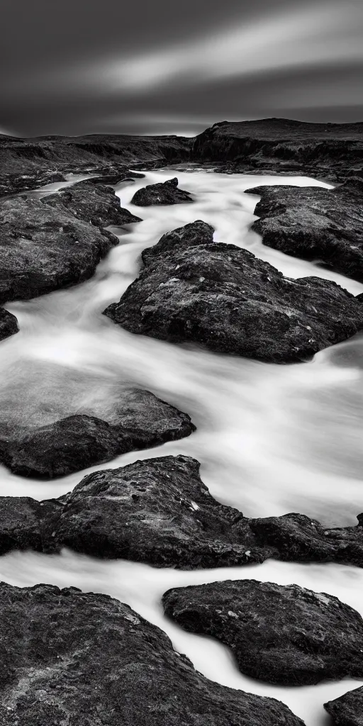 Image similar to minimalist black and white photograph of an icelandic, canyons, time exposure, of a river, large sharp rocks,
