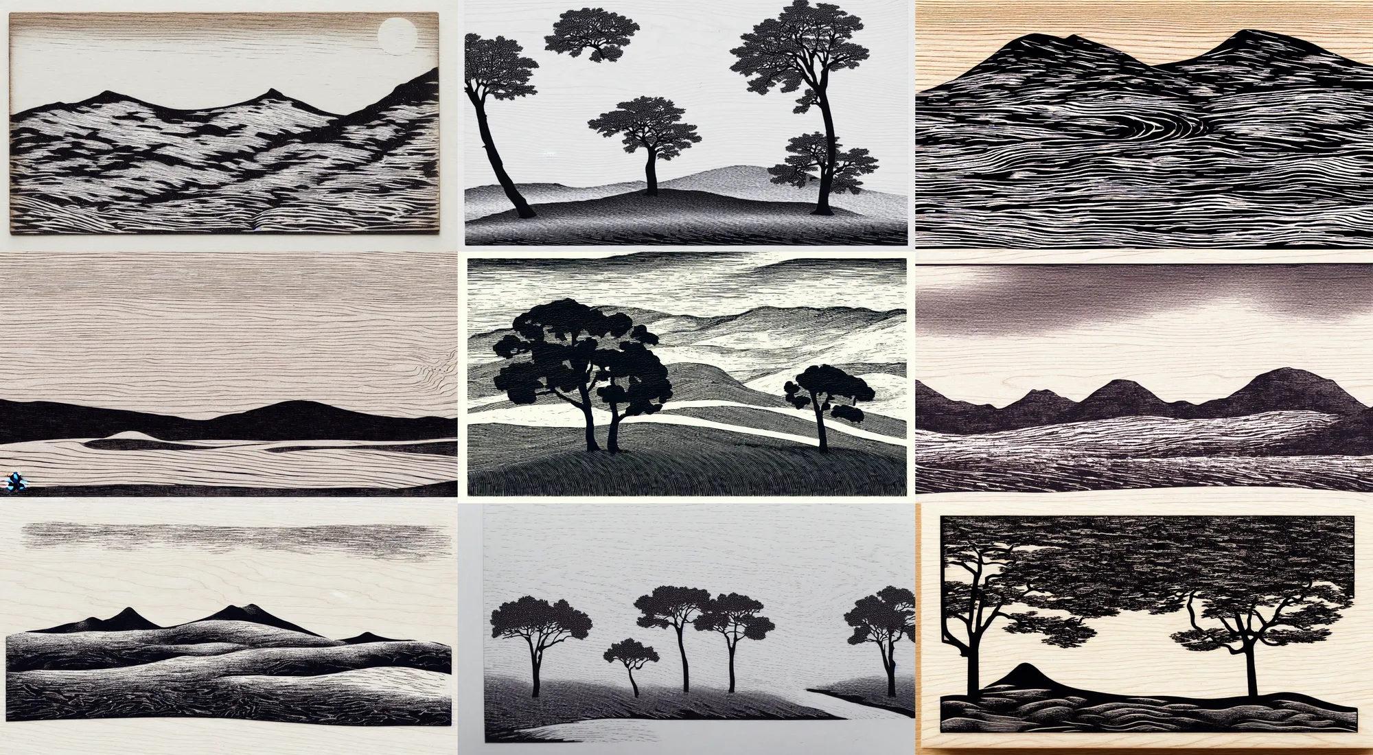 Prompt: a minimalistic beautiful landscape Wood engraving on white background