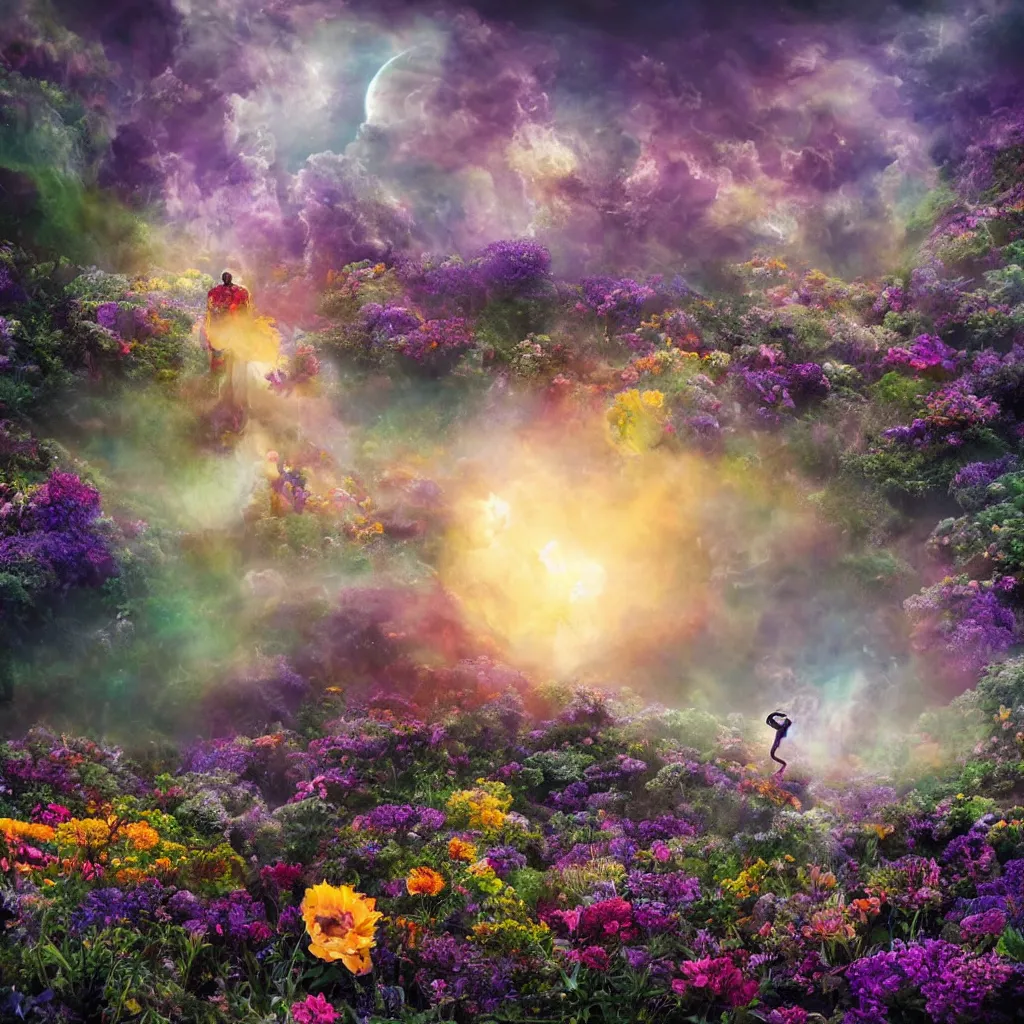 Image similar to a planet of various flowers, fungus and plants, in which the human figure is dressed in something magical and impressive, inside the picture is infinity, sunset light, Atmospheric phenomenon, artistic photography, muted colors, conceptual, long exposure outside the city