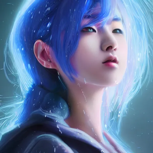 Prompt: a digital painting of choi sora in the rain with blue hair, cute - fine - face, pretty face, cyberpunk art by sim sa - jeong, cgsociety, synchromism, detailed painting, glowing neon, digital illustration, perfect face, extremely fine details, realistic shaded lighting, dynamic colorful background