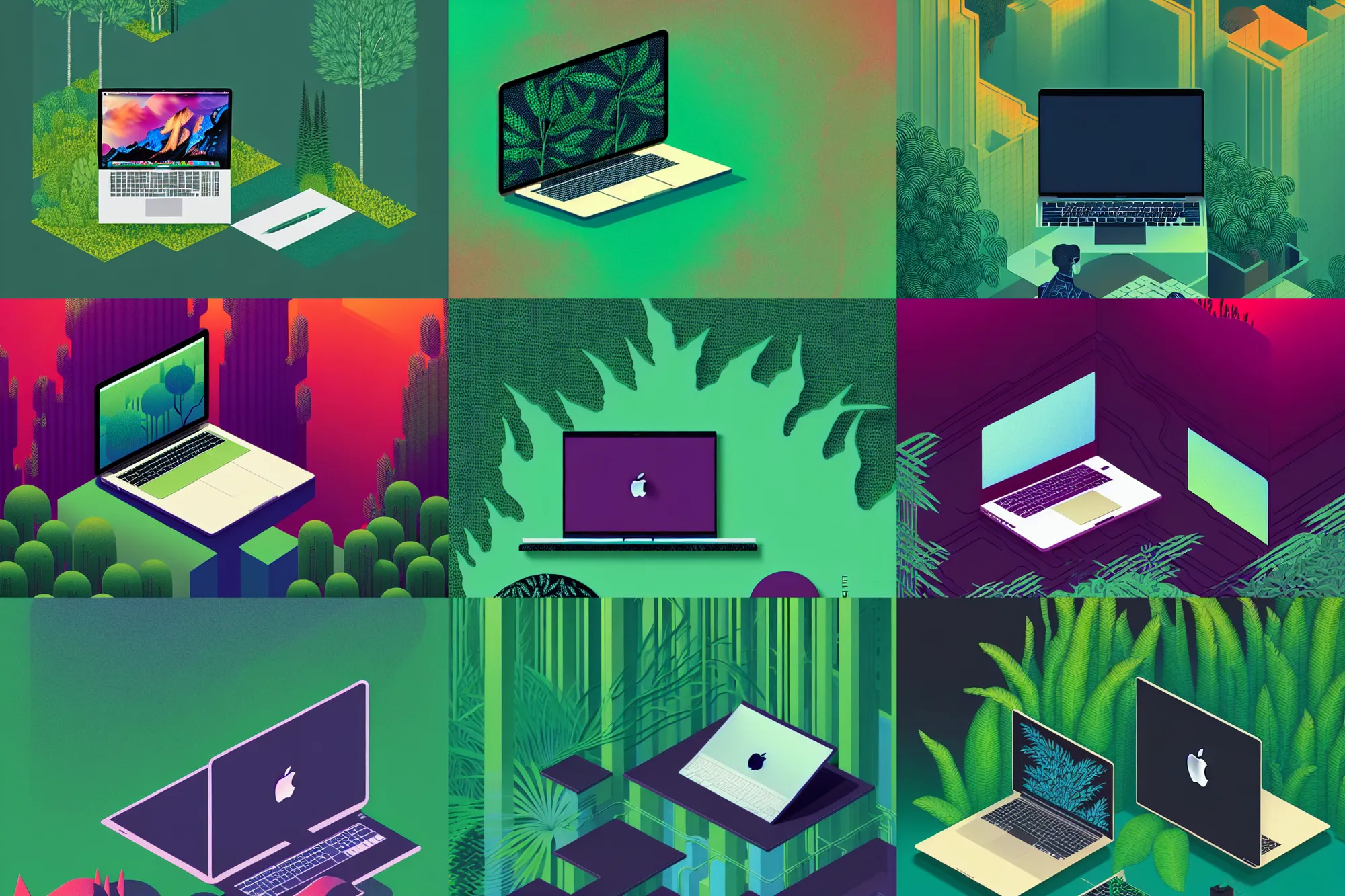 Prompt: ( ( dither ) ), editorial illustration portrait of an isometric macbook pro with lush foliage overgrowth, modern art deco, ( ( mads berg ) ), christopher balaskas, victo ngai, rich grainy texture, detailed, dynamic composition, wide angle, matte print, art nouveau, unreal engine