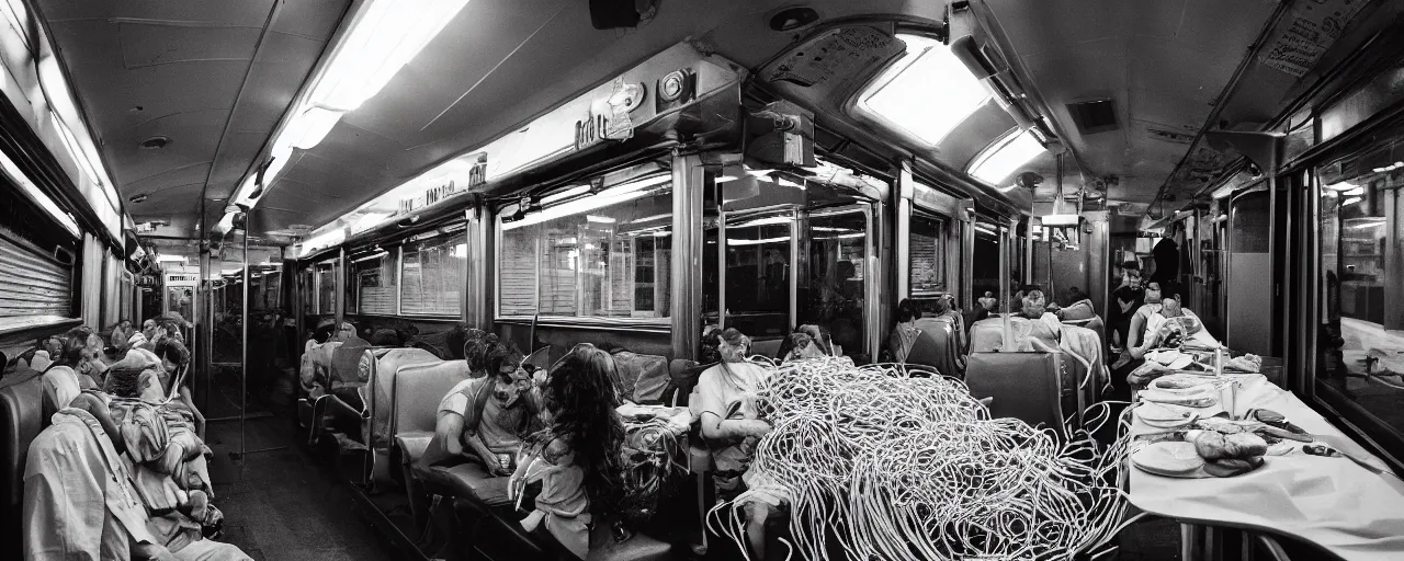 Prompt: train car covered in spaghetti, canon 5 0 mm, cinematic lighting, photography, retro, kodachrome film