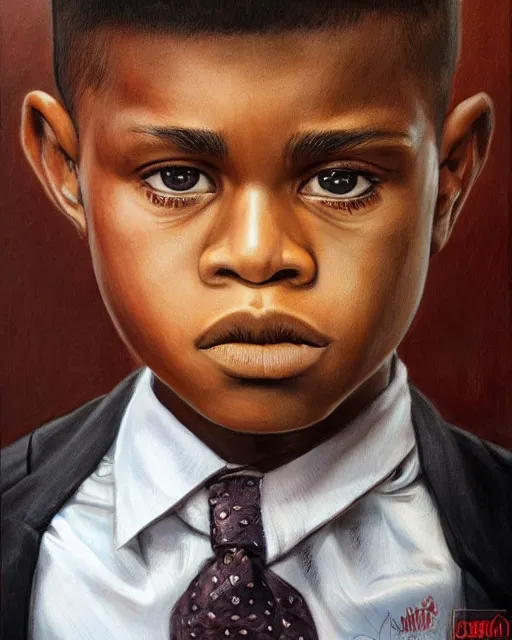 Image similar to portrait of a 7 year old child gang leader, gritty, looking serious, wearing a suit and a tie, very detailed eyes, hyperrealistic, beautiful, very detailed painting by Glenn Fabry, by Joao Ruas, by Artgerm