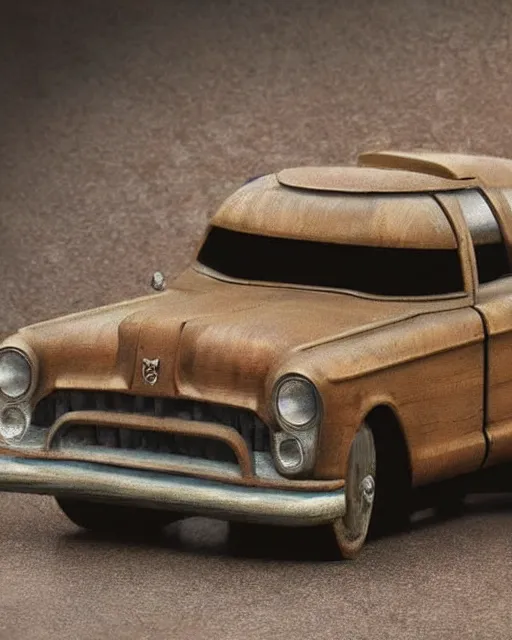 Image similar to a wooden sculpture of a vintage car from fallout 4, digital art by studio ghibli and greg rutkowski, beautiful, cute, hyperrealism artstyle, amazing lighting