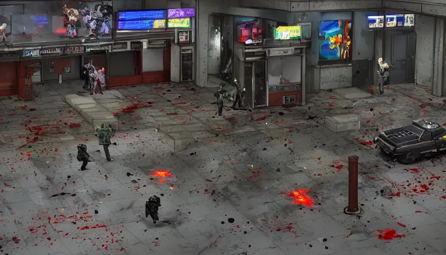 Prompt: 1994 Video Game Screenshot, Anime Neo-tokyo Cyborg bank robbers vs police, Set inside of the Bank Lobby, Multiplayer set-piece in bank lobby, Tactical Squad :9, Police officers under heavy fire, Police Calling for back up, Bullet Holes and Blood Splatter, :6 Gas Grenades, Riot Shields, Large Caliber Sniper Fire, Chaos, Anime Cyberpunk, Anime Bullet VFX, Machine Gun Fire, Violent Gun Action, Shootout, Escape From Tarkov, Intruder, Payday 2, 8k :4 by Katsuhiro Otomo: 9