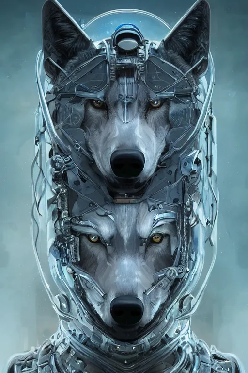 Image similar to ultra realistic illustration of a cybernetic wolf, hacknaut cyberpunk, sci - fi, fantasy, intricate, elegant, highly detailed, digital painting, artstation, concept art, smooth, sharp focus, illustration, art by artgerm and greg rutkowski and alphonse mucha